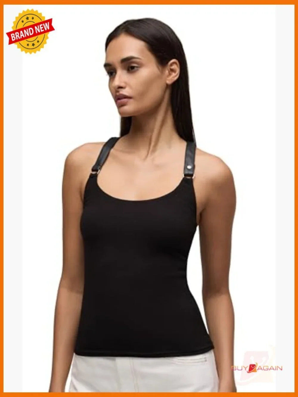 Fitted Rib Knit Tank Top with Faux Leather Straps, Snap Closure